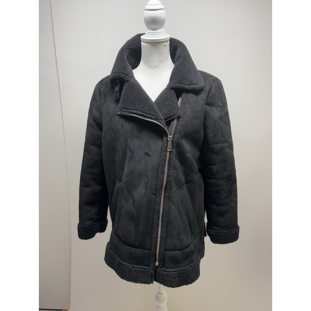 New Loft Aviator Coat Size LP Black Faux Suede Zip‎ Cuffs Buckles Pockets Fleece
